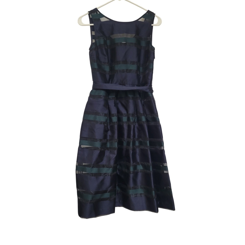 Talbots Petite Navy Green Striped Mesh Fit Flare Dress 2P‎ NWT
